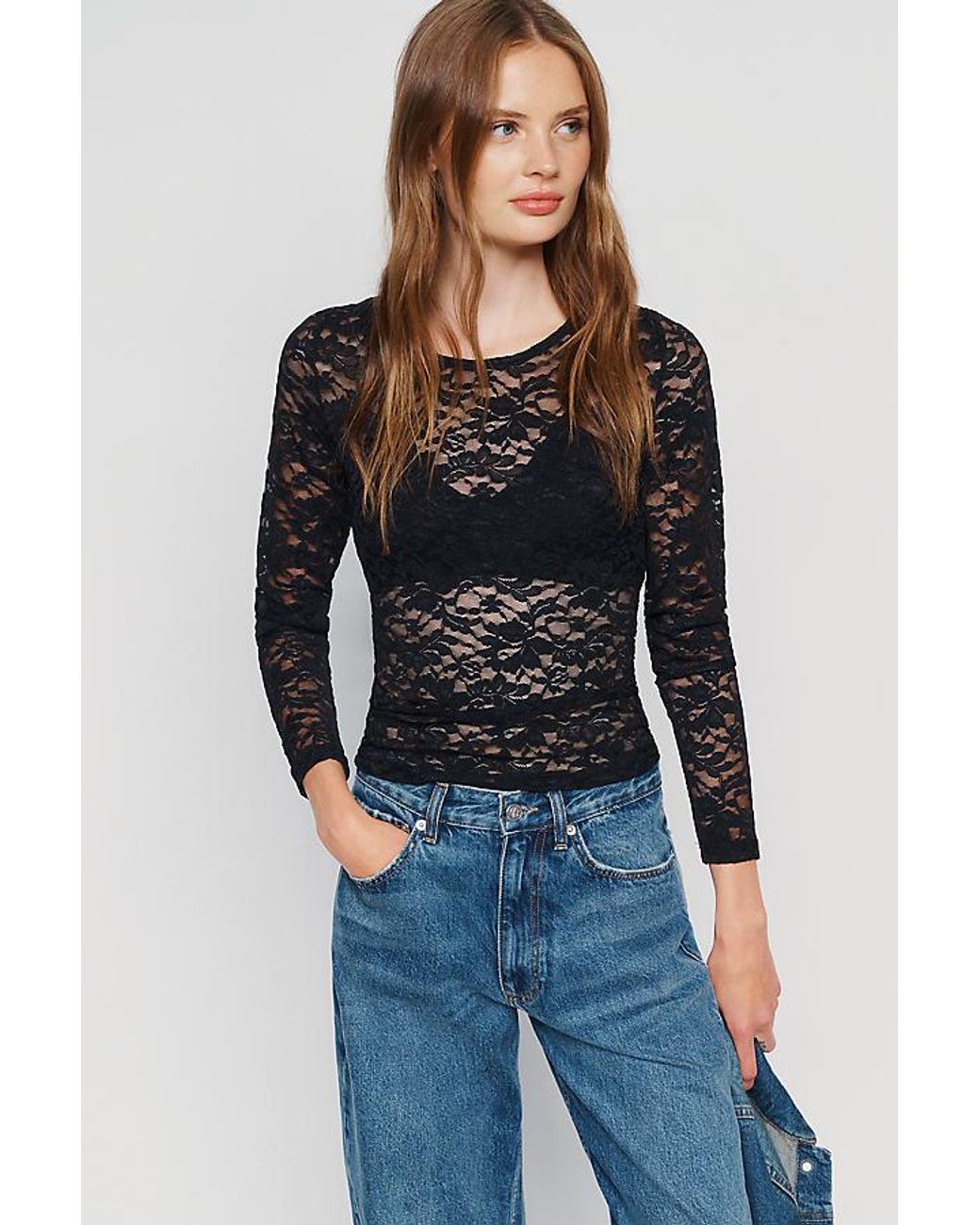By Anthropologie Gray Long-Sleeve Lace Top