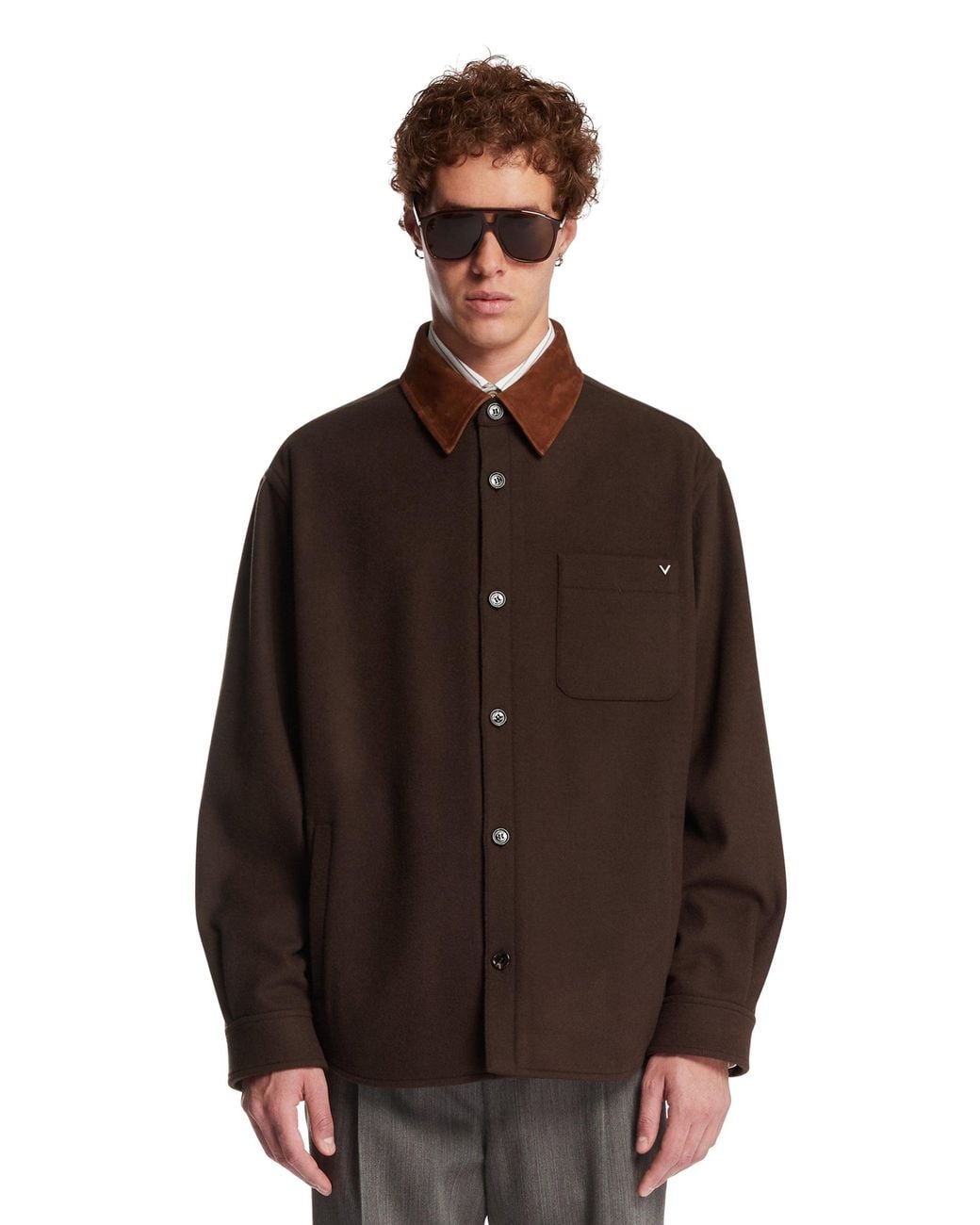 Valentino Garavani Brown Wool Jacket With Suede Collar for men