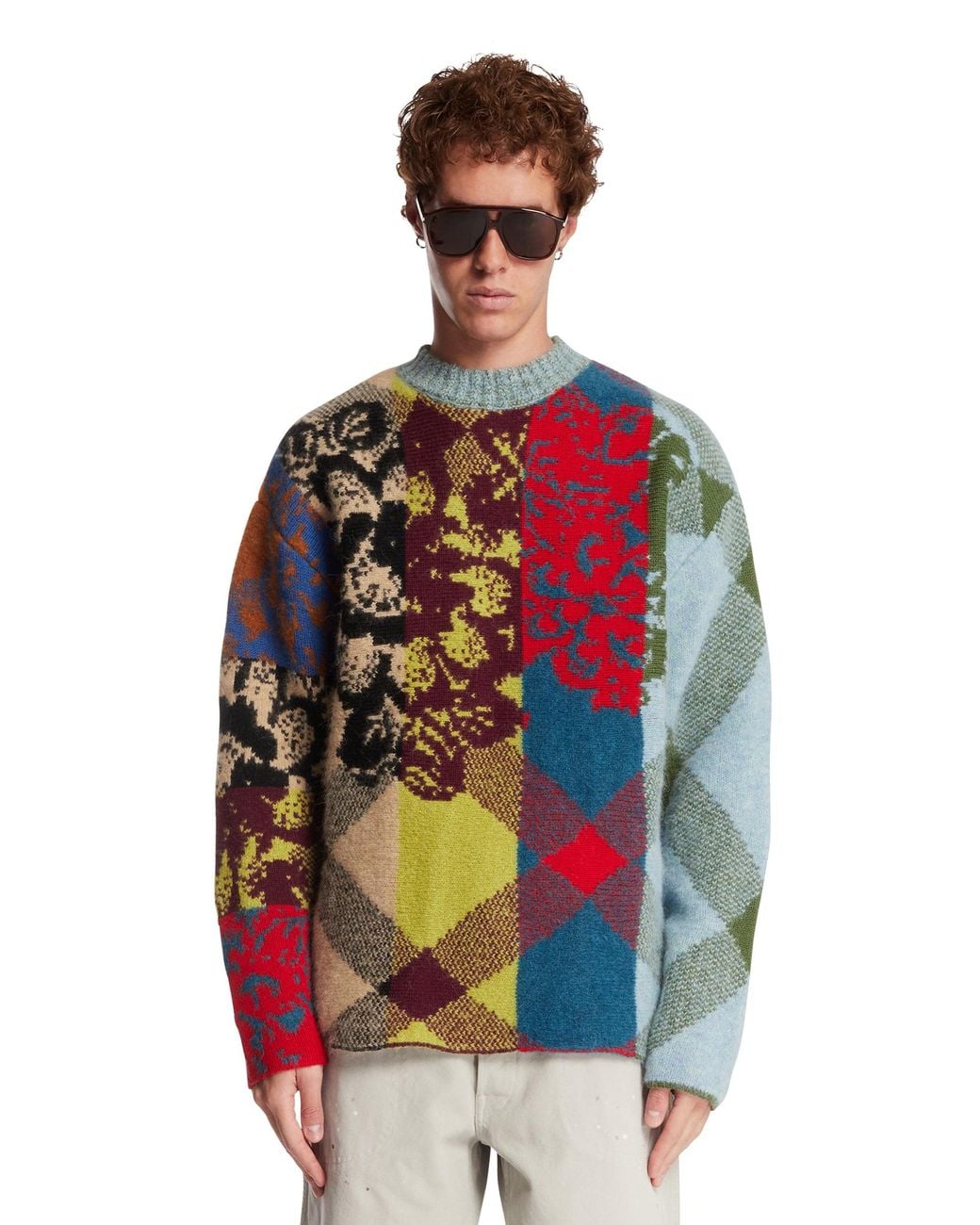 Dries Van Noten Red Jacquard Patchwork Sweater for men