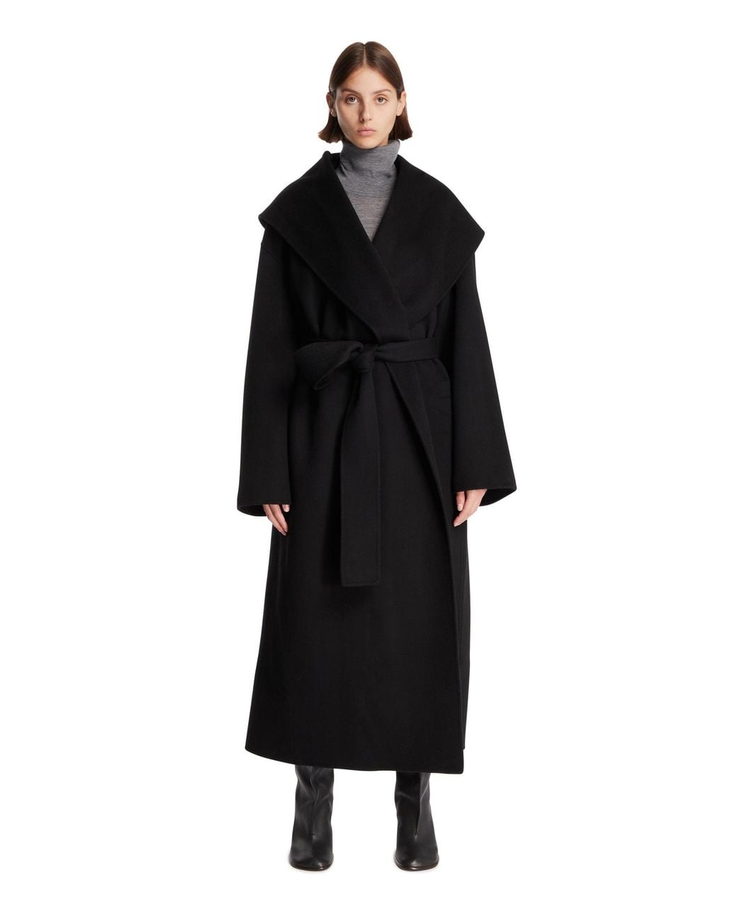 Totême Black Hooded Wool Belted Coat