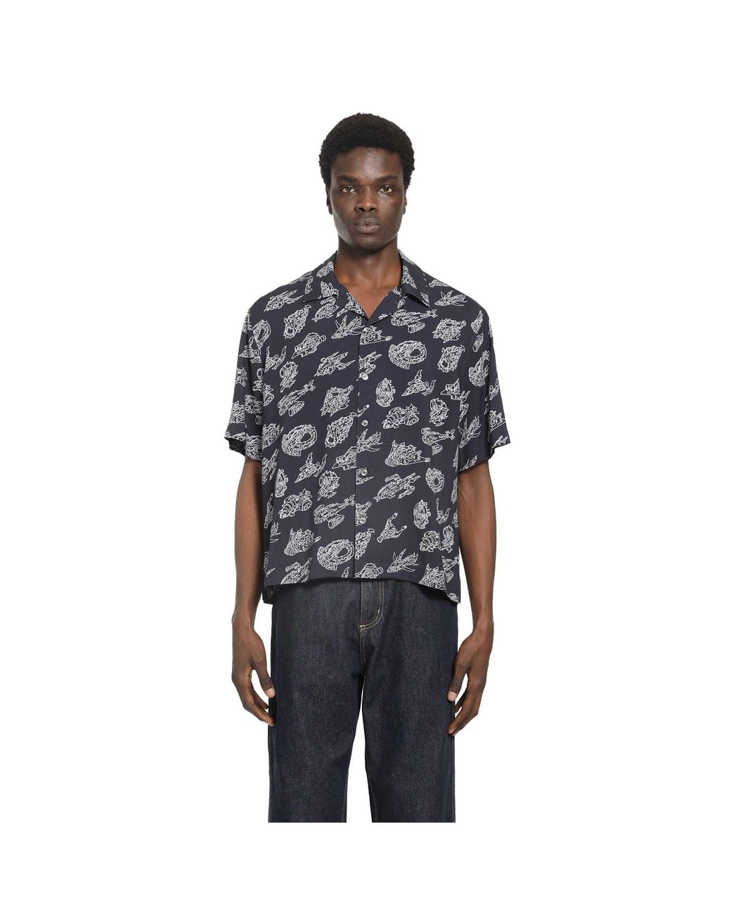 Moncler Blue Printed Short Sleeve Shirt for men