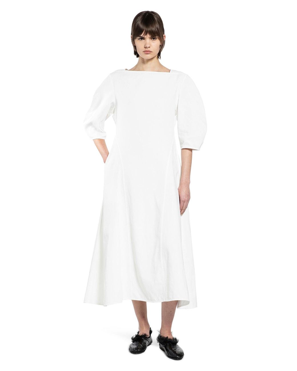Jil Sander White Rounded-Sleeved Linen Dress