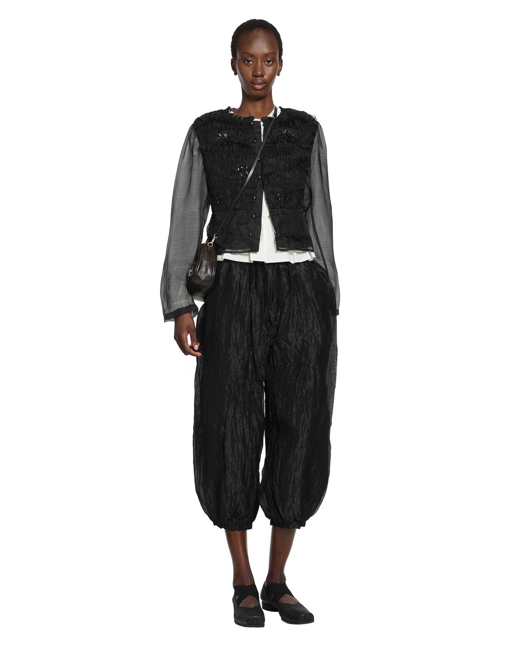 Renli Su Black Shirred Silk Twill And Organza Shirt