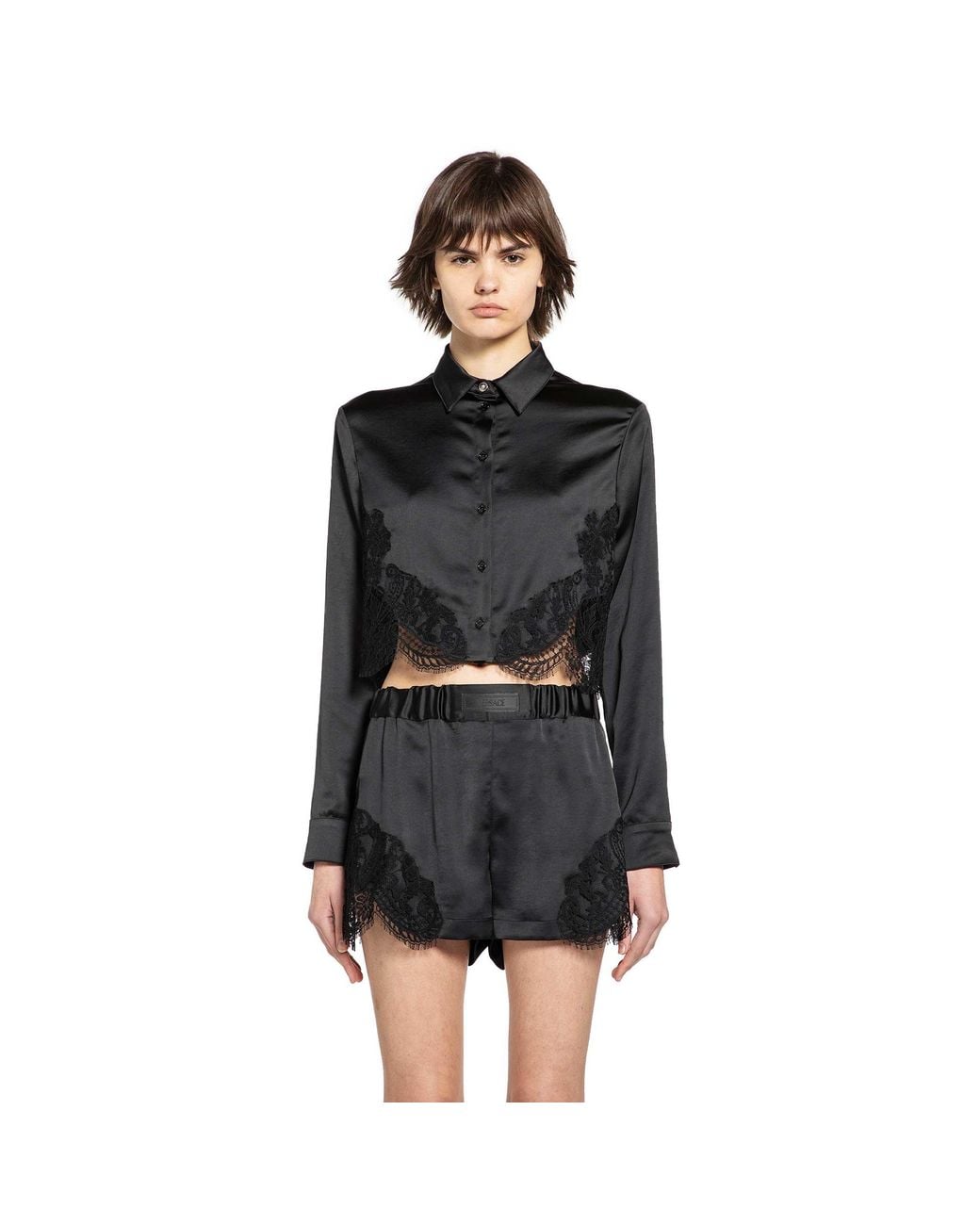 Versace Black Lace-Trim Satin Crop Shirt