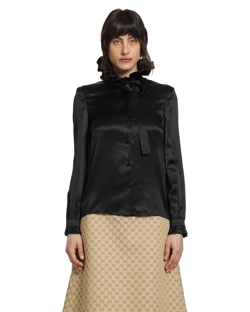 Gucci Black Silk Satin Ruffled Shirt
