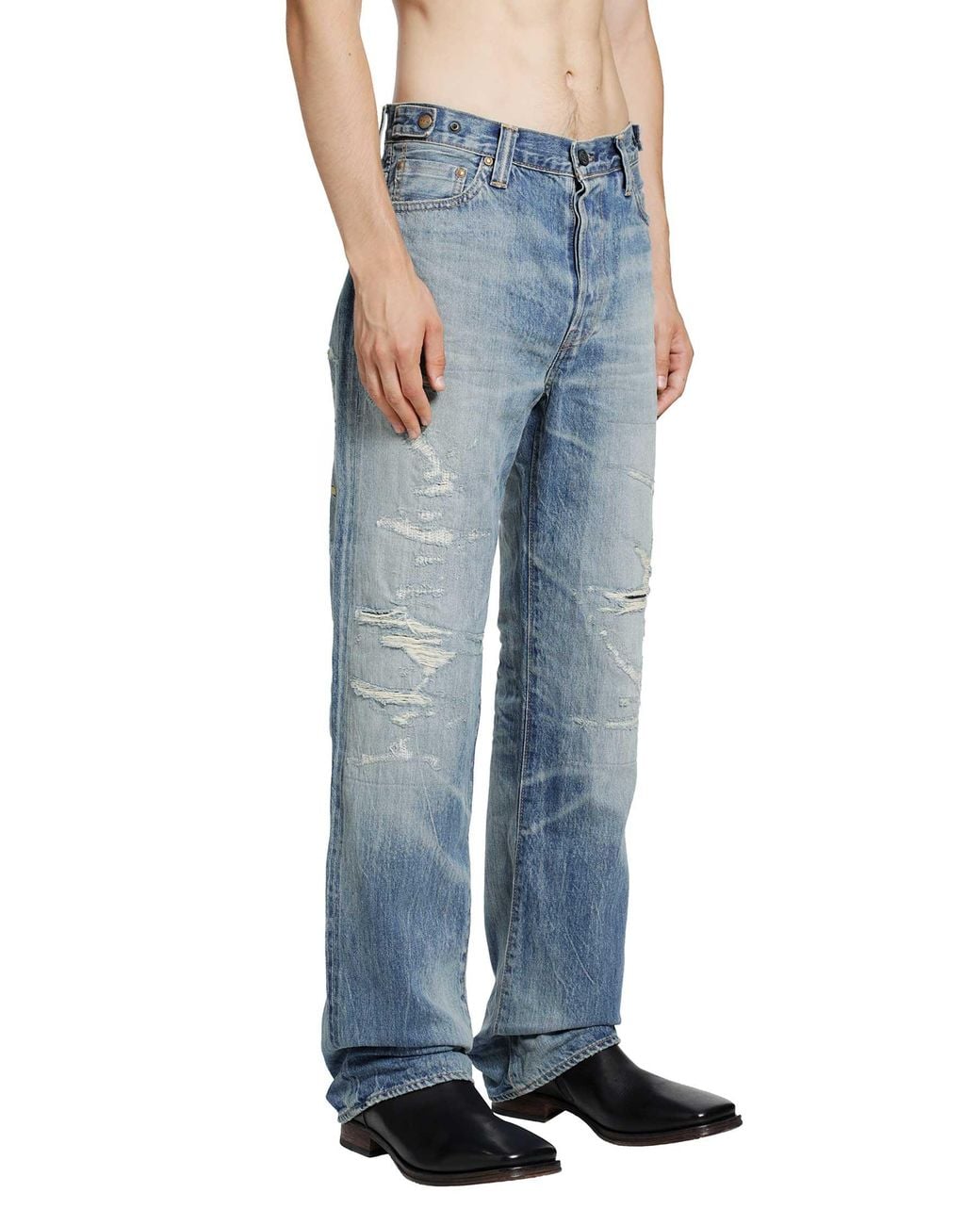 Mastercraft Union Blue Showa Relaxed Natsu Ao Repaired Jeans for men