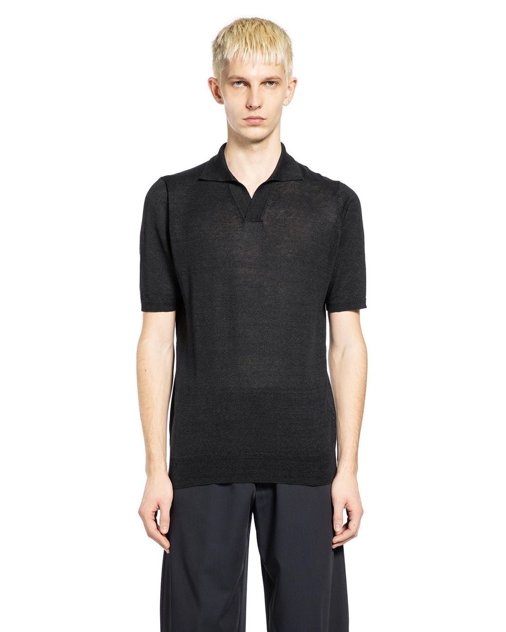Lardini Black Cotton Linen Knit Polo for men