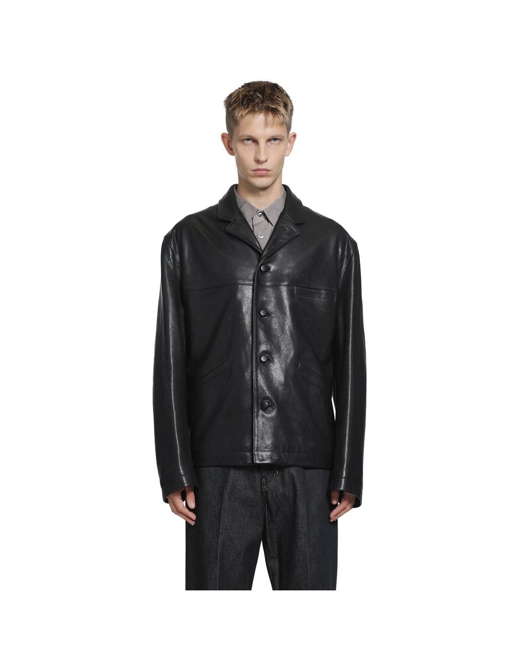 Lemaire Black Leather Single Breasted Jacket for men