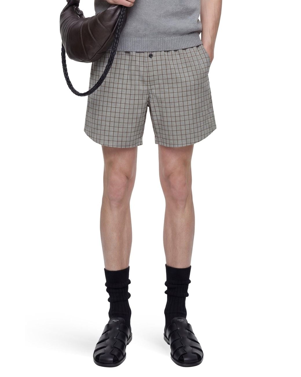 Hed Mayner Gray Viscose Linen Check Shorts for men