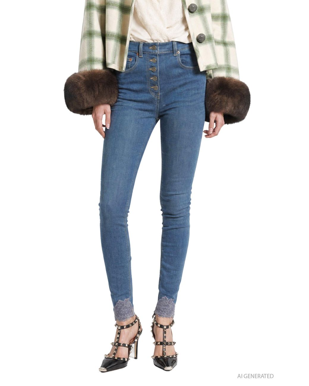 Valentino Blue Denim Pants With Lace