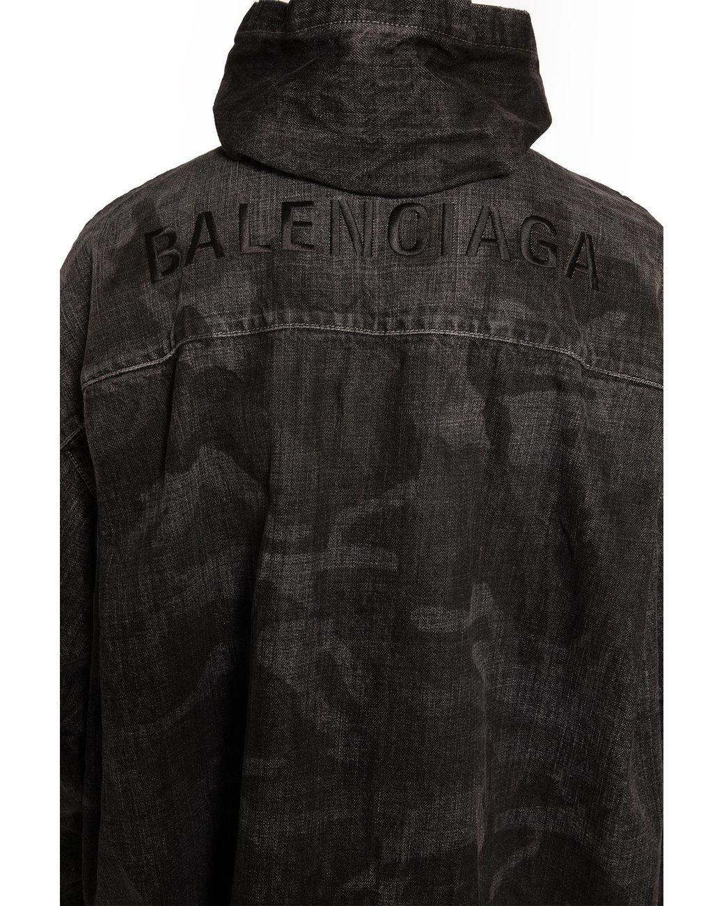 Balenciaga Black Washed Camo Denim Hooded Shirt for men
