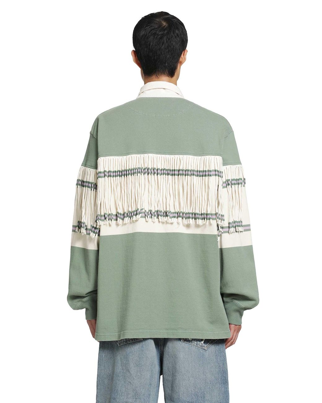 Kapital Green Panel Stripe Jersey Fringed Rugby Polo for men
