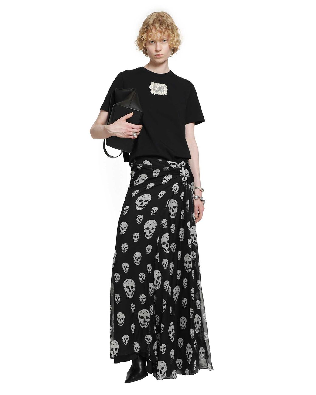 McQueen Black Skull Print Draped Maxi Skirt