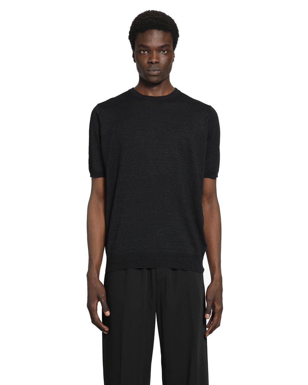 Lardini Black Cotton Linen Jacquard Knit T-Shirt for men