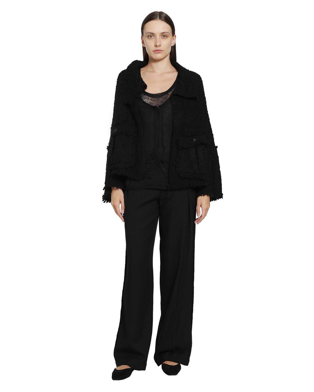 Yehuafan Black Wool Wide-Leg Trousers