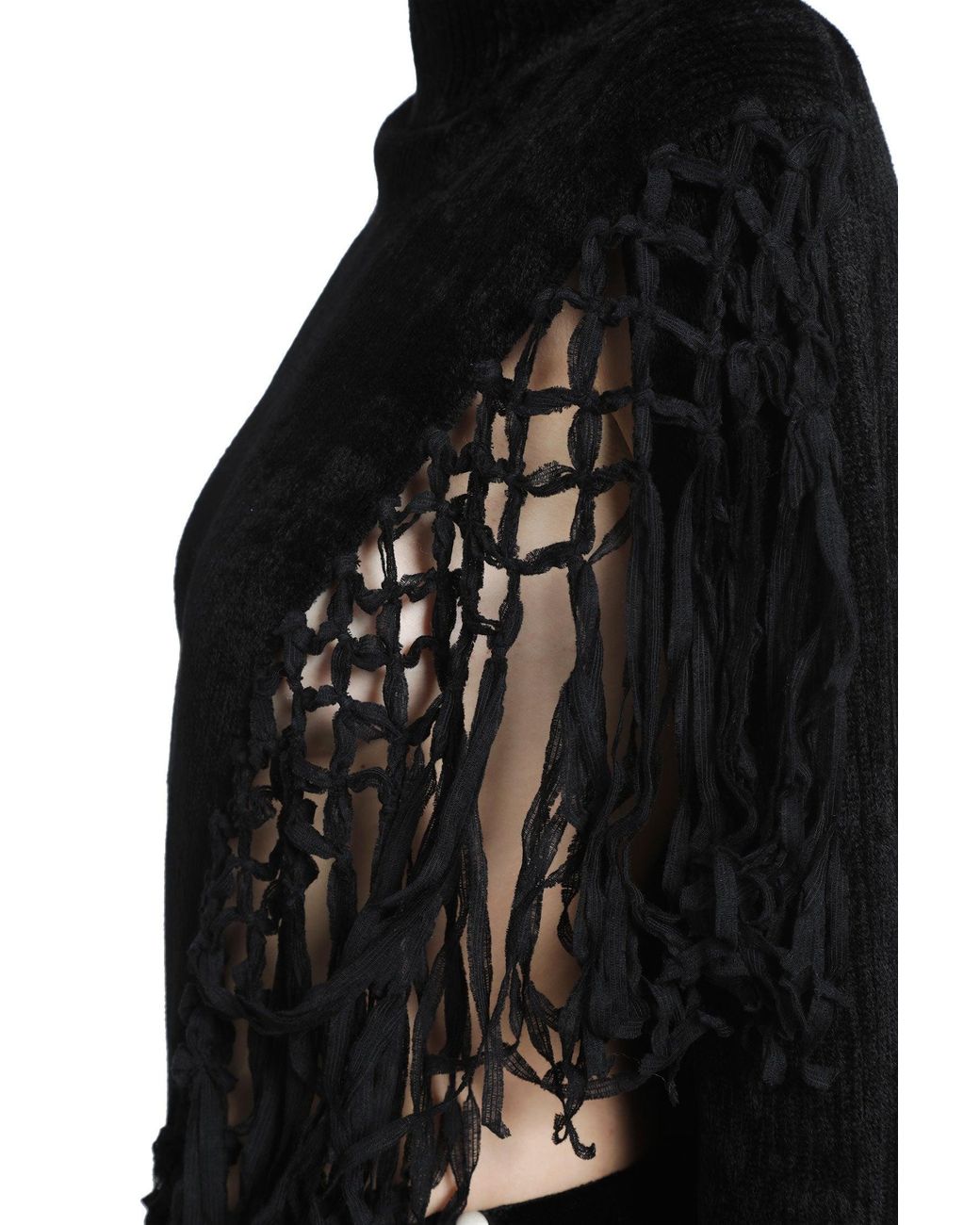 YA YI Black Mantra Fringe Turtleneck Sweater