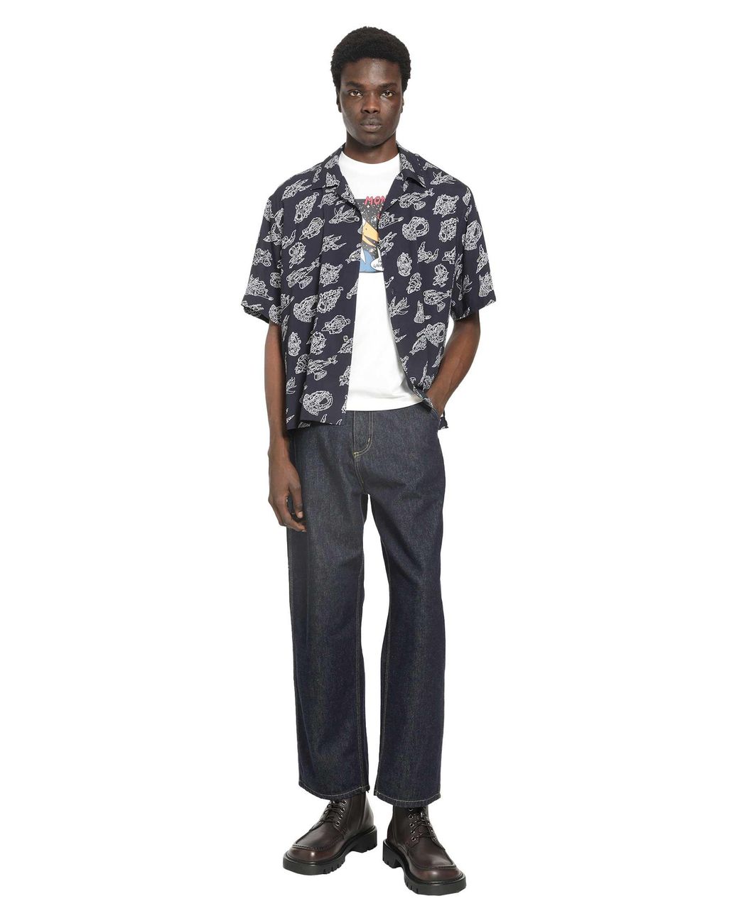 Moncler Blue Printed Short Sleeve Shirt for men