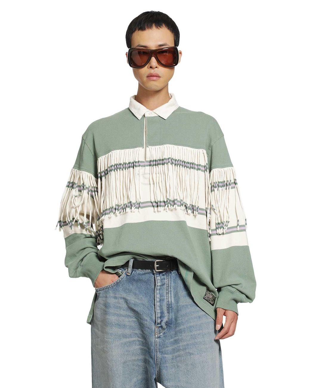 Kapital Green Panel Stripe Jersey Fringed Rugby Polo for men