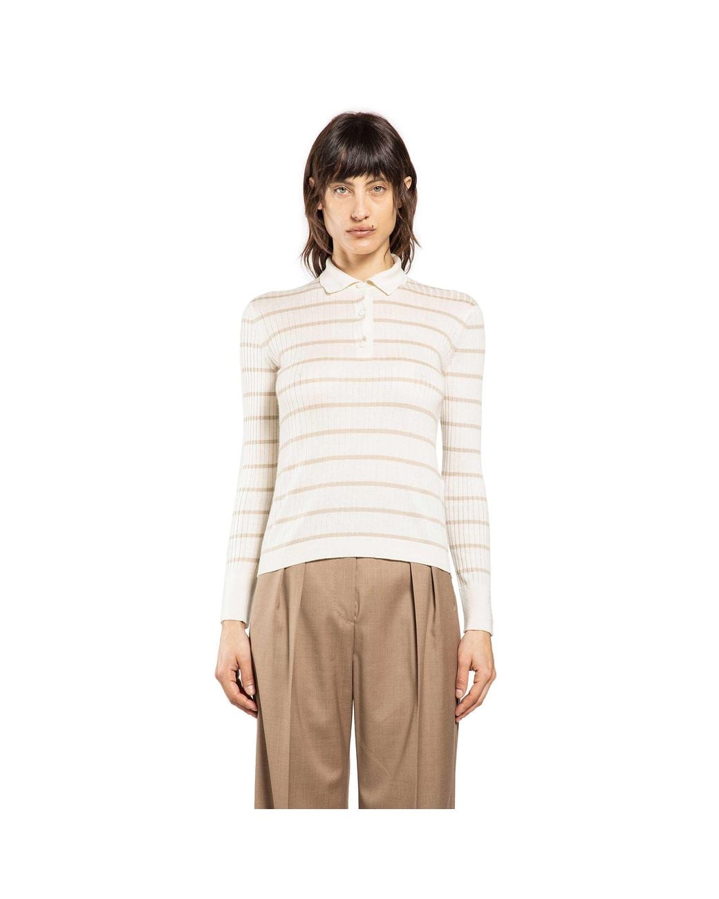 Max Mara Natural Striped Cashmere Silk Polo