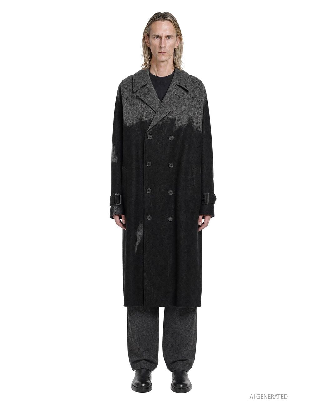 Yohji Yamamoto Black Needle Punched Herringbone Coat for men