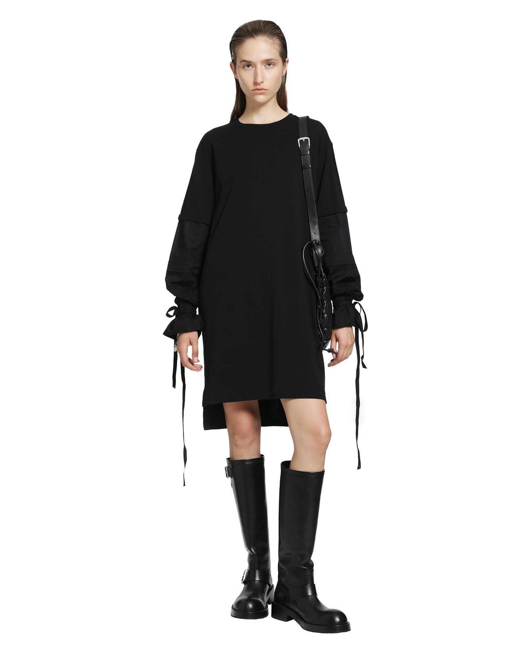 Ann Demeulemeester Black Lucina T-Shirt Dress With Light Cotton Sleeves