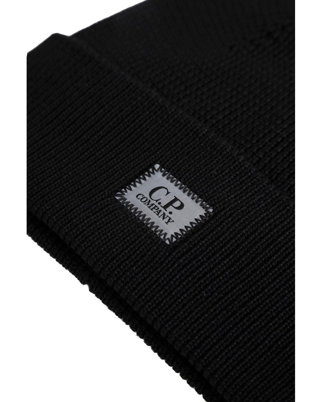 C P Company Black Extrafine Merino Wool Beanie for men