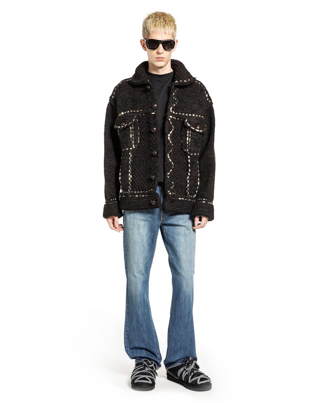 Kapital Black Wool Hand Knit Cowichan G-Jacket for men