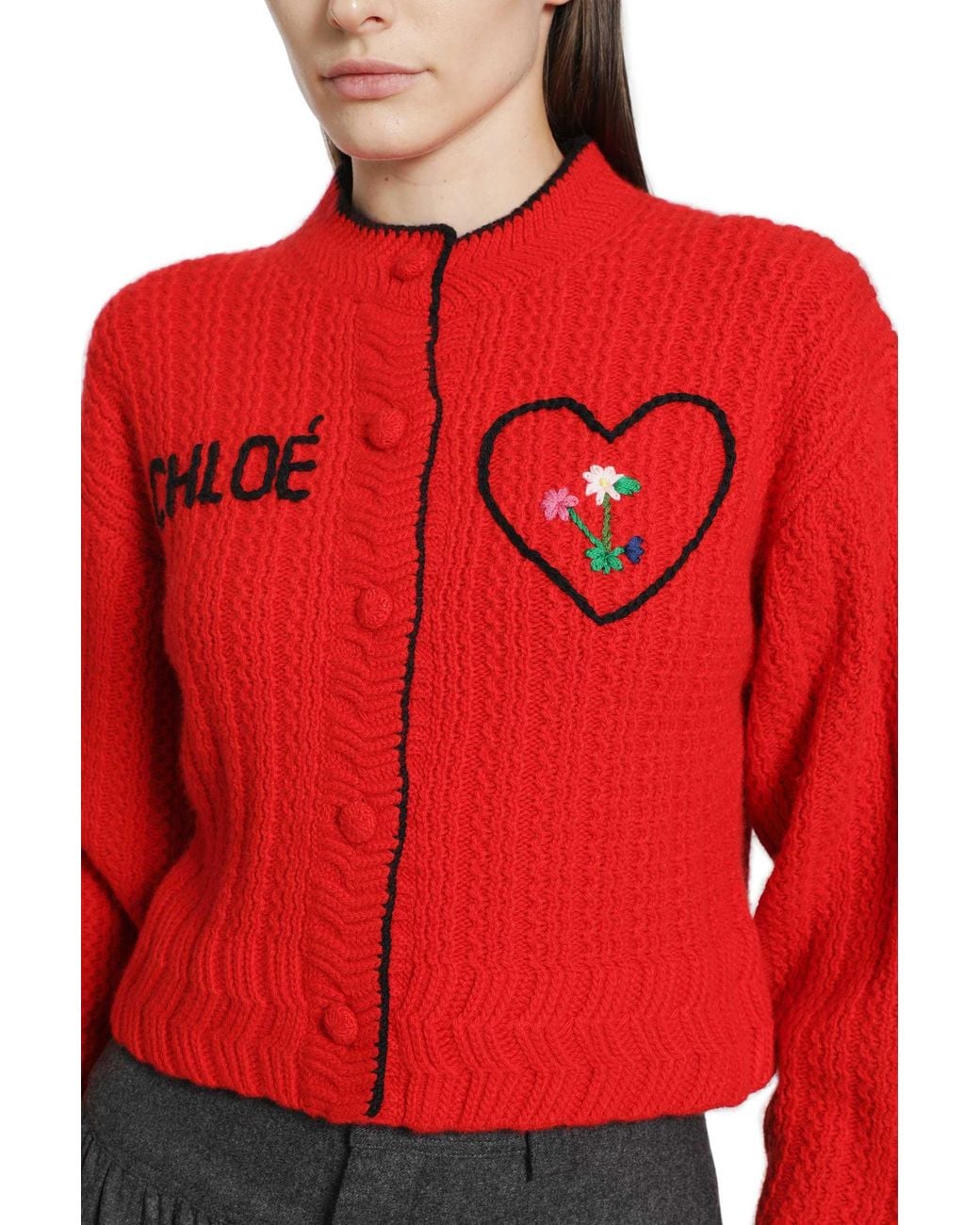Chloé Red Heart Logo Wool-Cashmere Cardigan