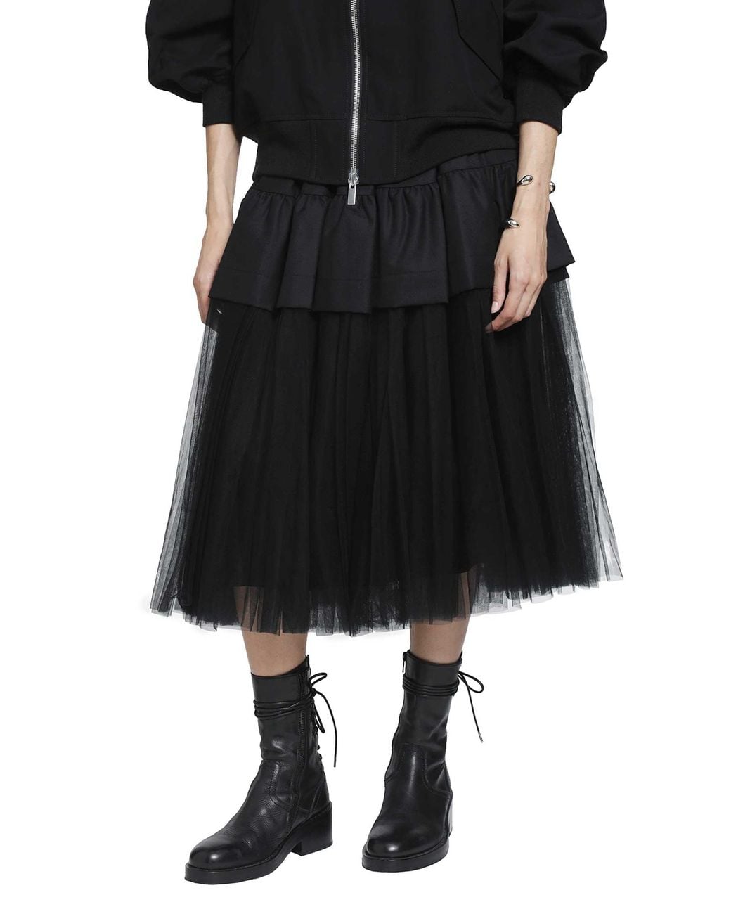 Noir Kei Ninomiya Black Tiered Gathered Midi Skirt