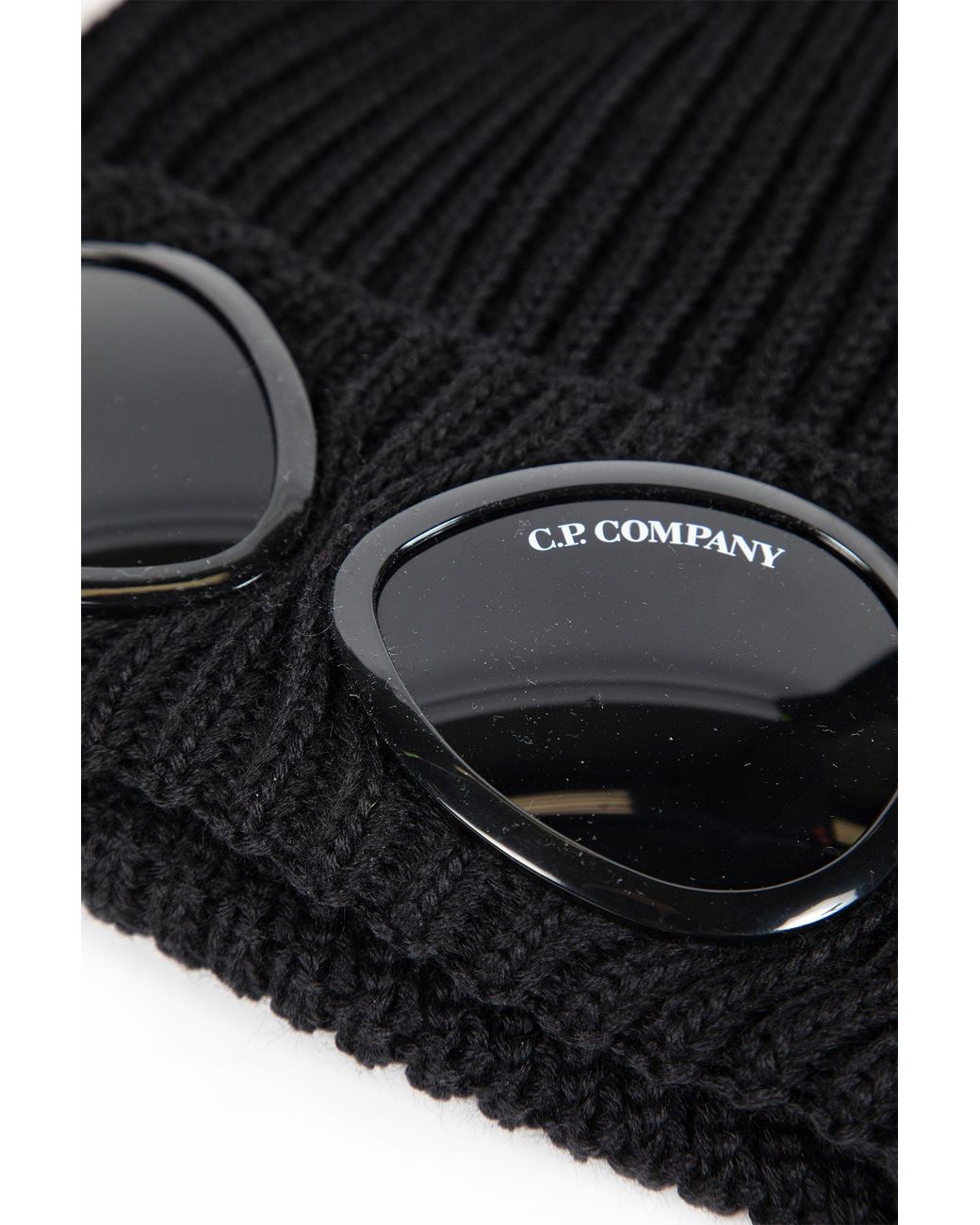 C P Company Black Wool Ribbed Beanie for men