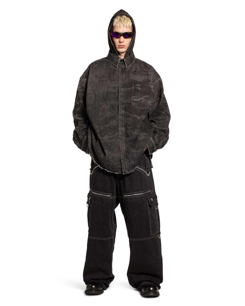 Balenciaga Black Washed Camo Denim Hooded Shirt for men