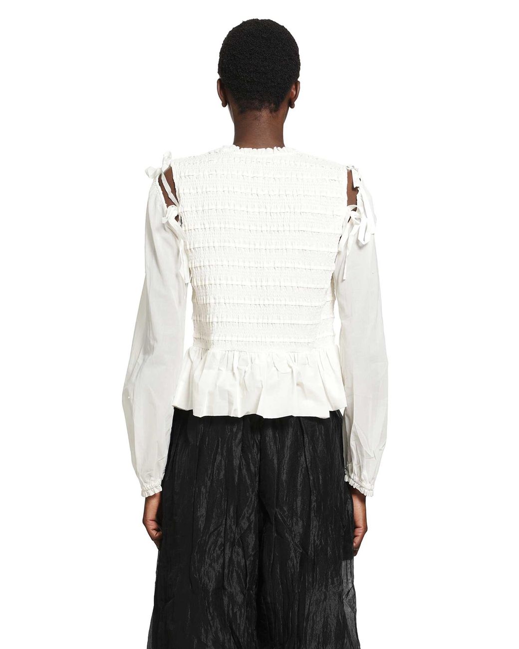 Renli Su White Smocked Cotton Blouse