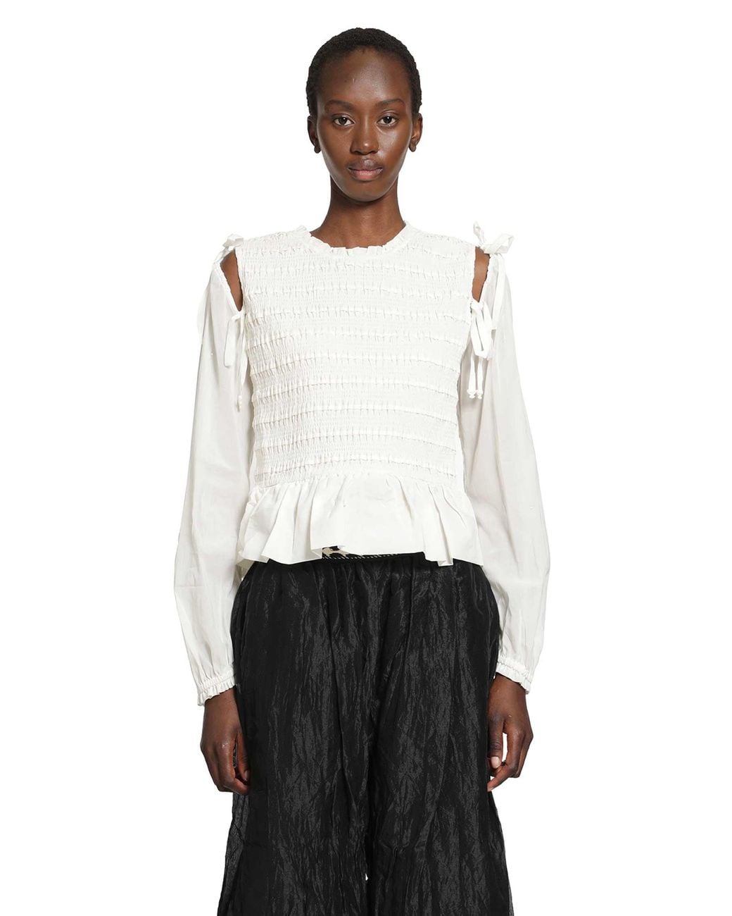 Renli Su White Smocked Cotton Blouse