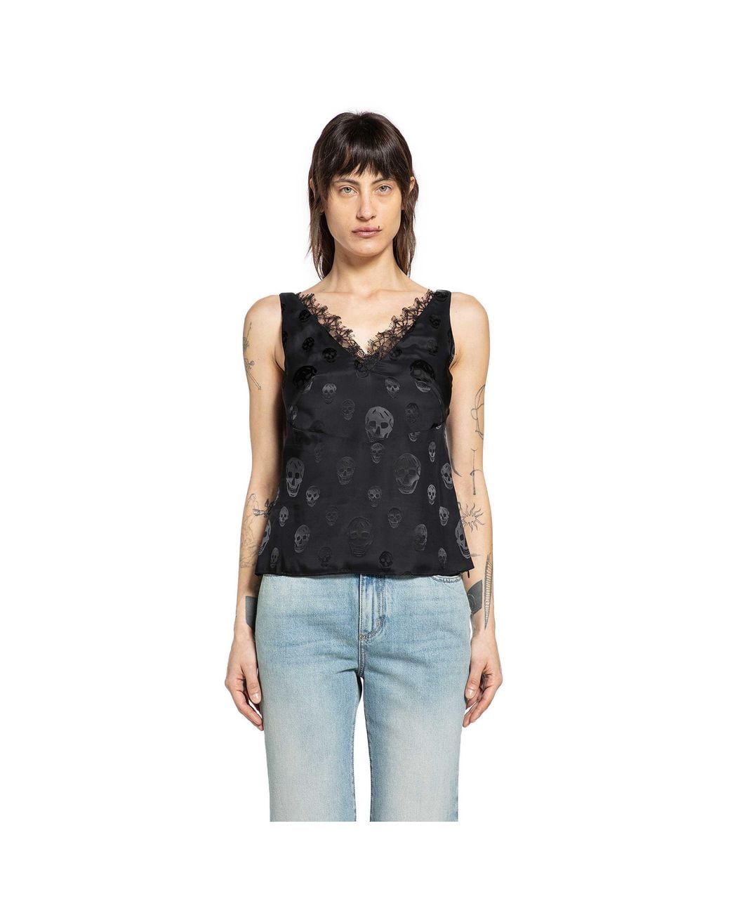 McQueen Black Skull Print Lace Trim Top