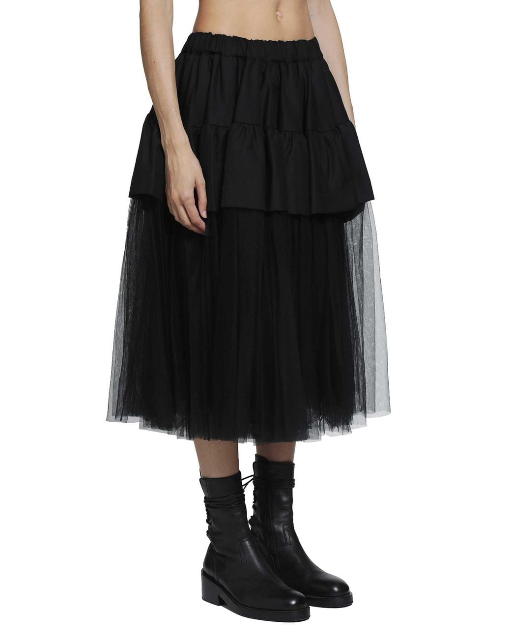 Noir Kei Ninomiya Black Tiered Gathered Midi Skirt