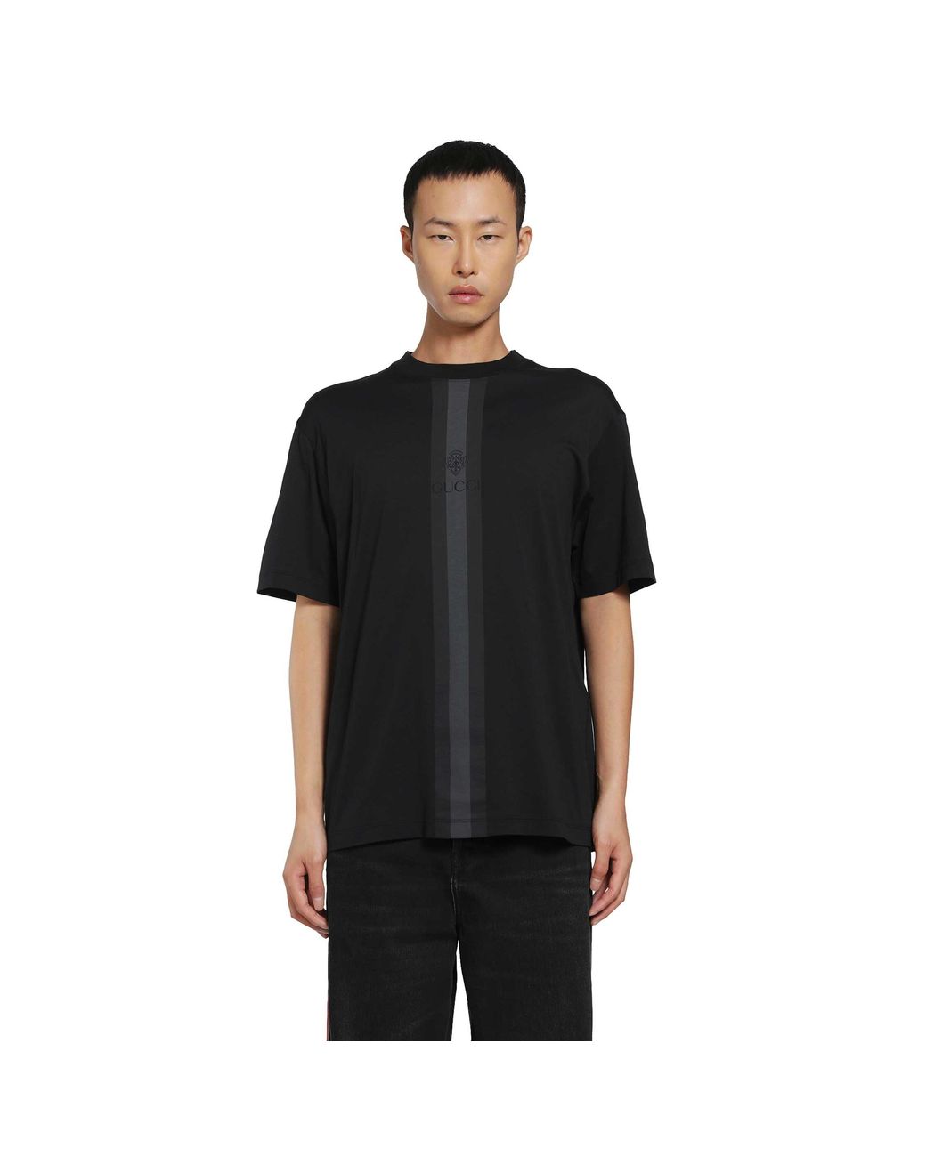 Gucci Black Cotton T-Shirt With Muted Web for men