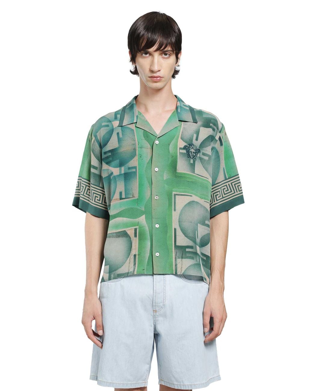 Versace Green Printed Crêpe De Chine Silk Shirt for men