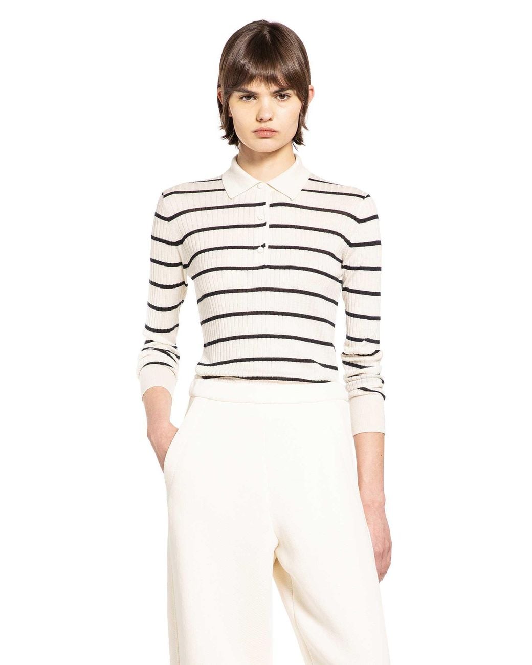 Max Mara White Striped Cashmere Silk Polo