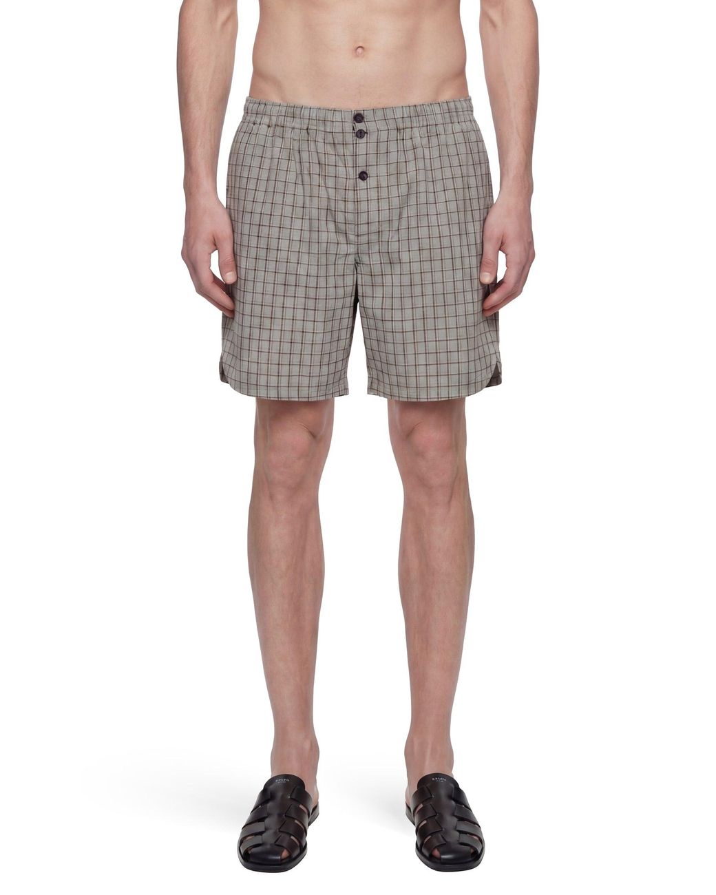 Hed Mayner Gray Viscose Linen Check Shorts for men