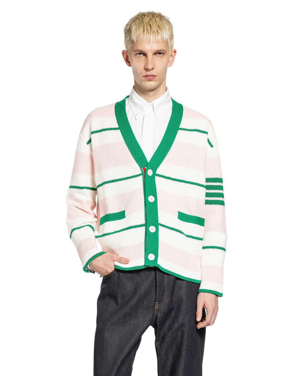 Thom Browne Green Striped Cardigan for men