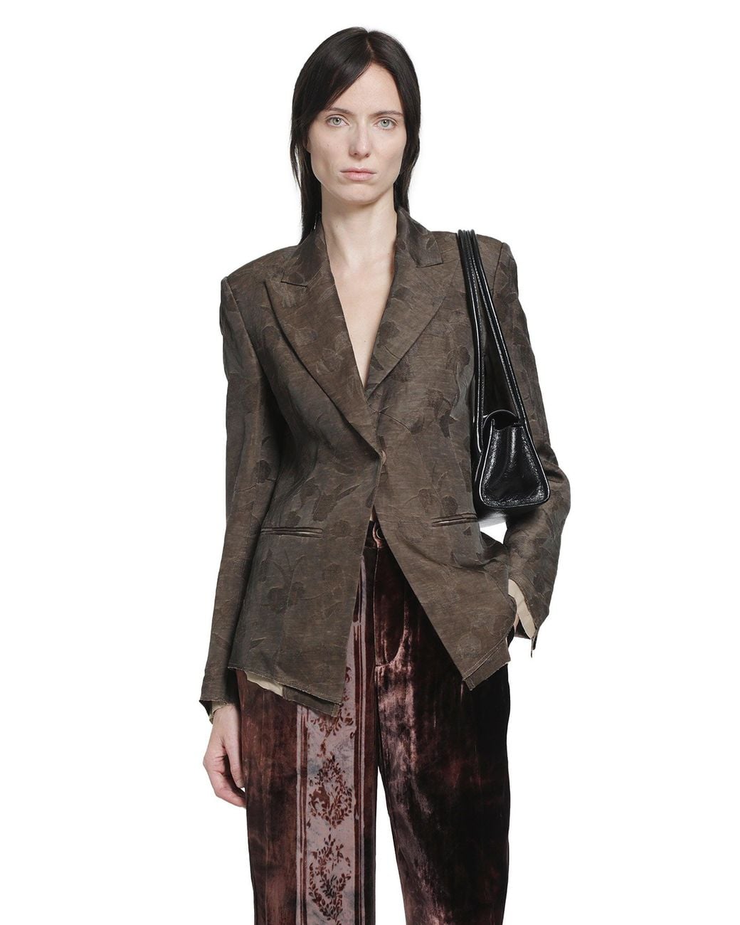 YA YI Brown Floral Viscose Linen Blazer