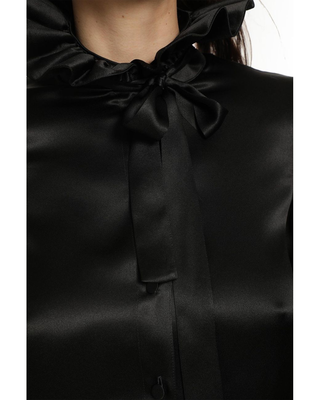 Gucci Black Silk Satin Ruffled Shirt