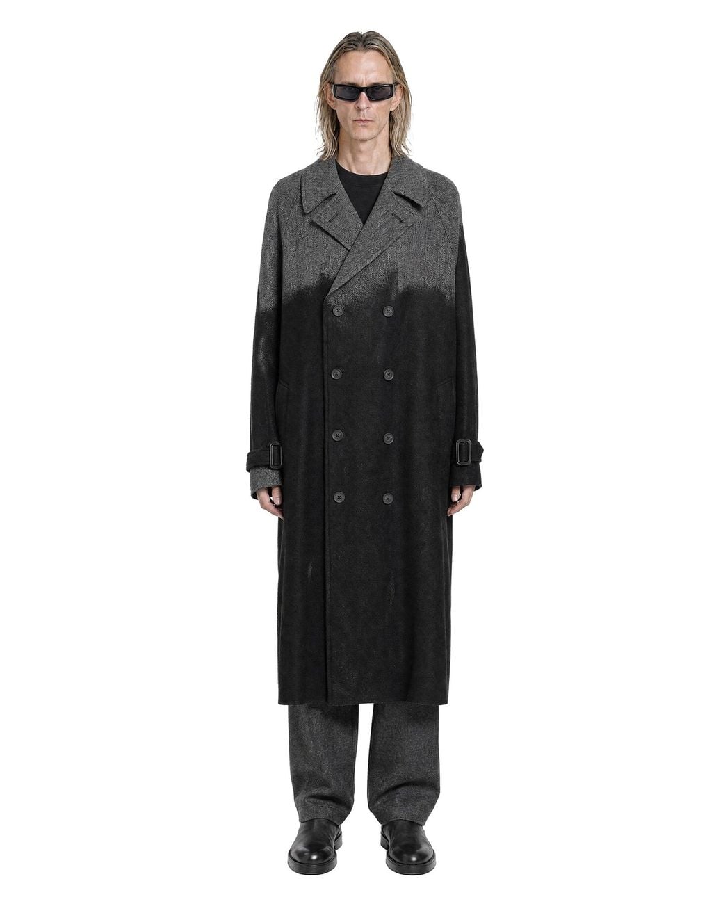 Yohji Yamamoto Black Needle Punched Herringbone Coat for men