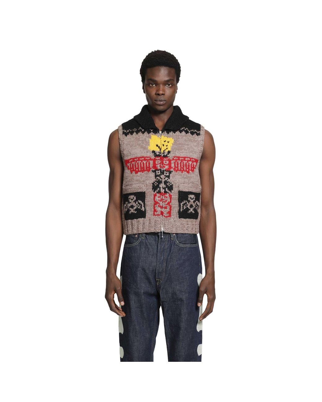 Kapital Red Hand Knit Peckish Totem Pole Vest for men