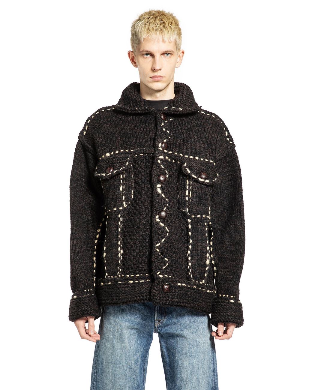 Kapital Black Wool Hand Knit Cowichan G-Jacket for men