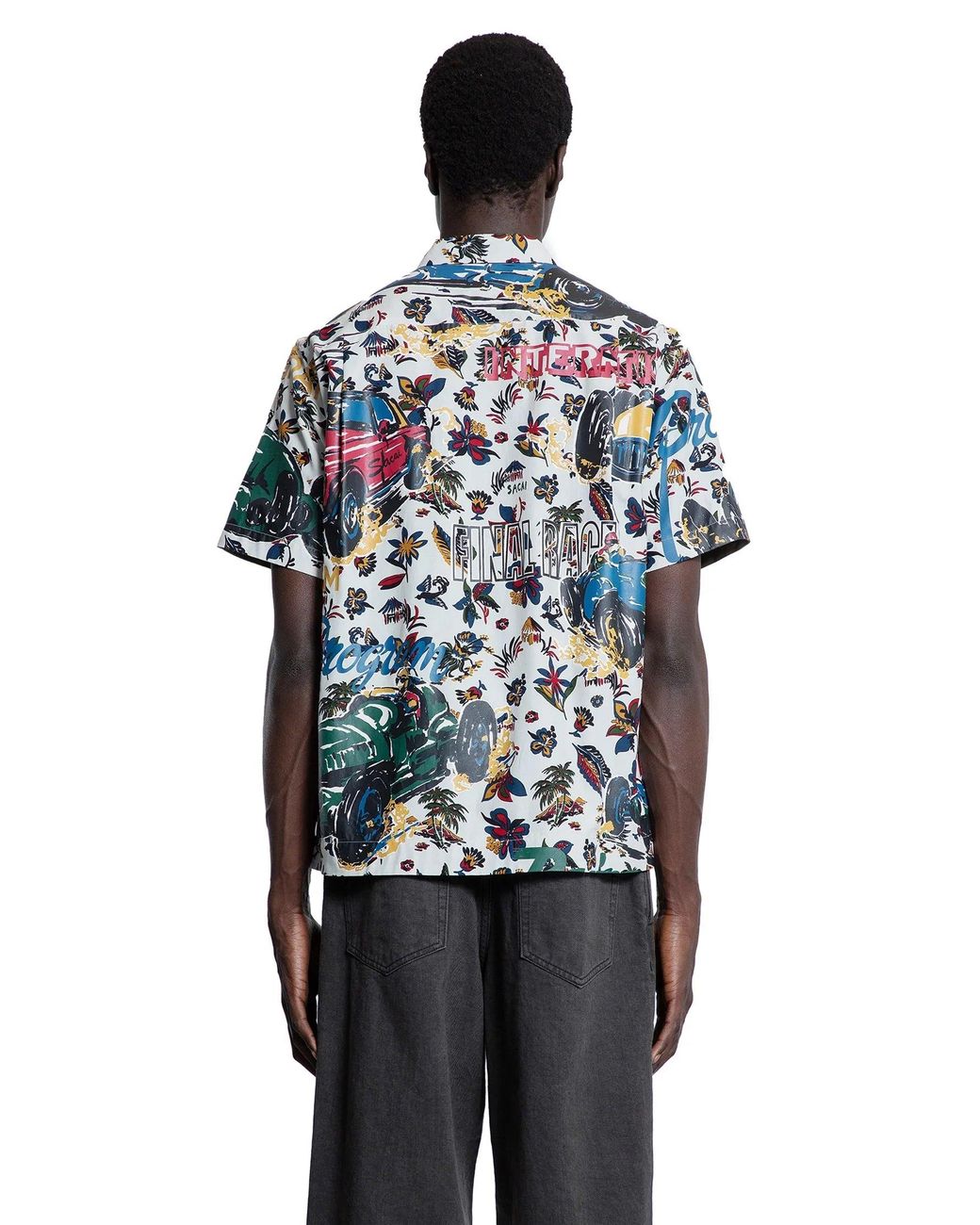 Sacai Black Car Race/Tropical Print T-Shirt for men