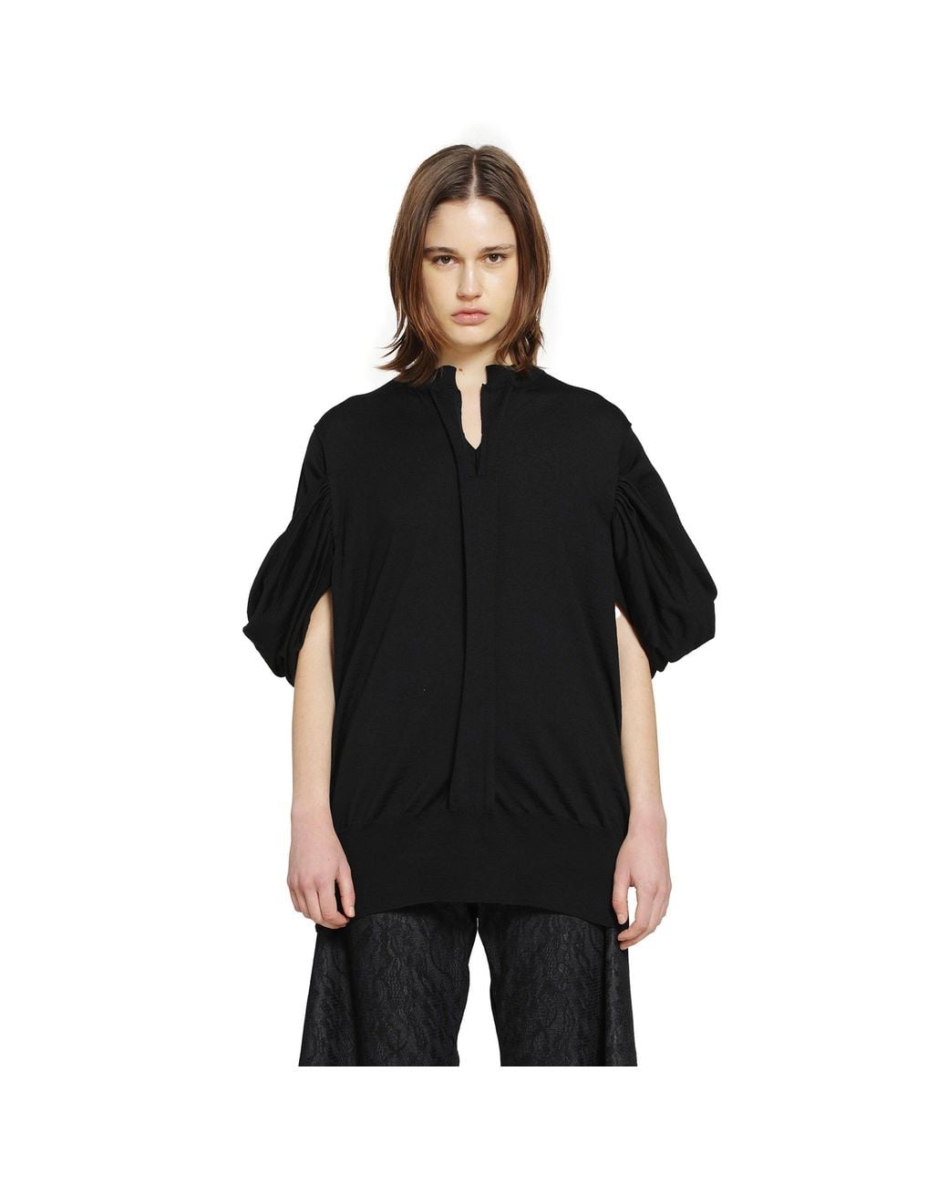 Junya Watanabe Black V-Neck Wool Sweater With Gathered Sleeves