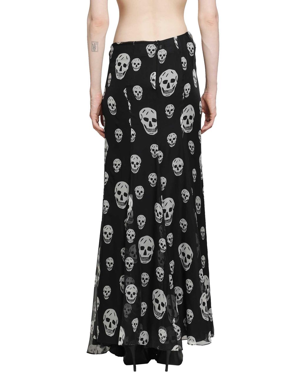McQueen Black Skull Print Draped Maxi Skirt