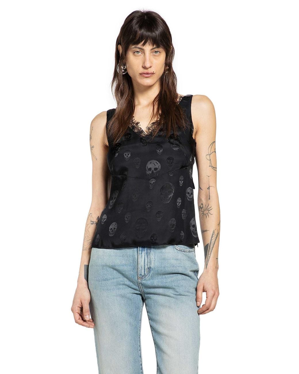 McQueen Black Skull Print Lace Trim Top