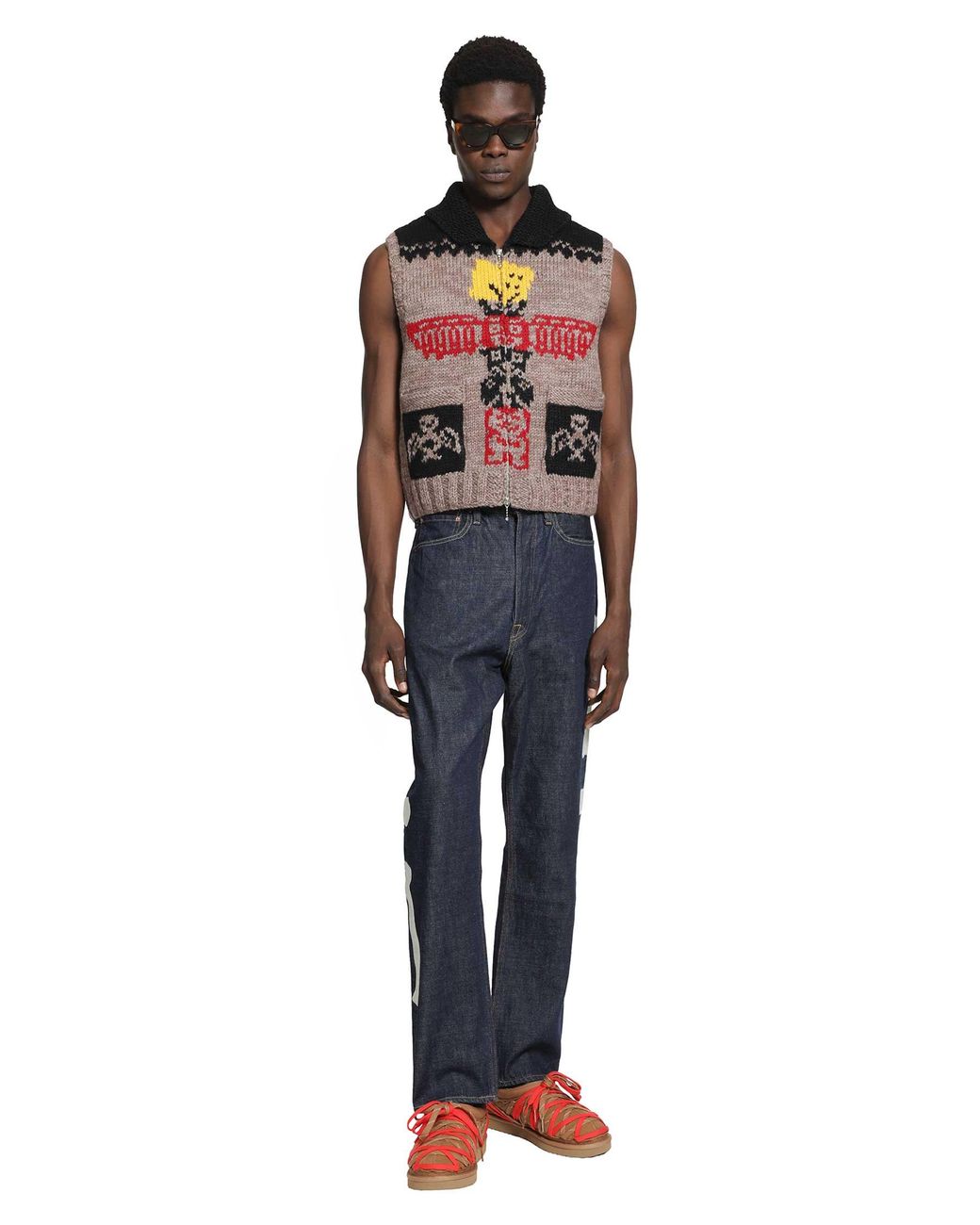 Kapital Red Hand Knit Peckish Totem Pole Vest for men